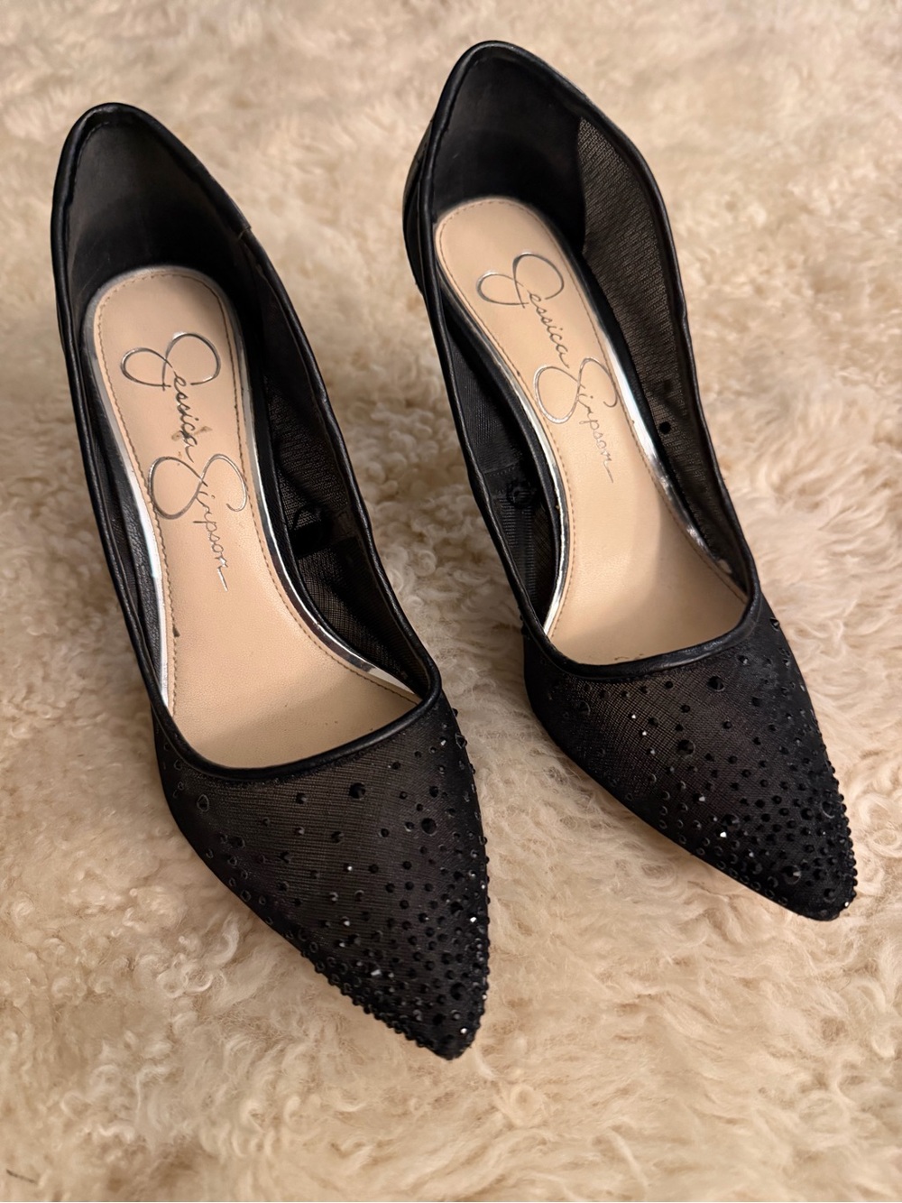 Jessica Simpson Black Crystal-Embellished Pointed Toe Pumps